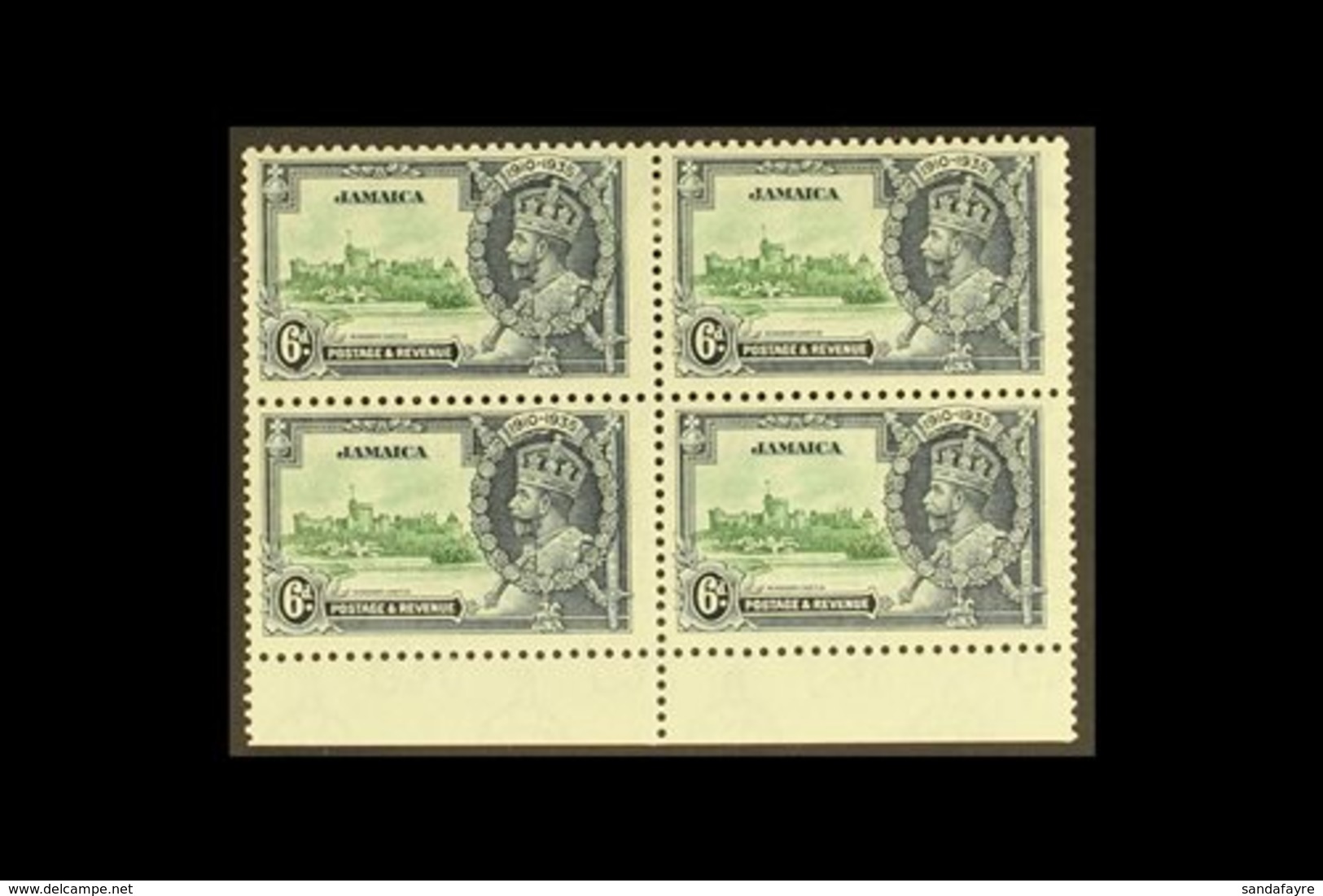 1935 6d Green And Indigo Jubilee, Variety "Extra Flagstaff", SG 116a, In A Mint Bottom Marginal Block Of 4. For More Ima - Jamaïque (...-1961)