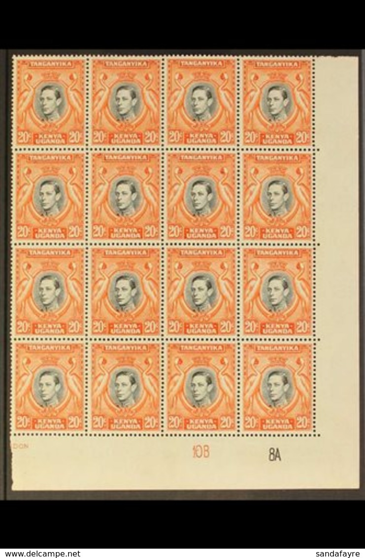 1938-54 20c Deep Black & Deep Orange Perf 13¼ X 13¾, SG 139ba, Never Hinged Mint Lower Right Corner PLATE '10B 8A' BLOCK - Vide