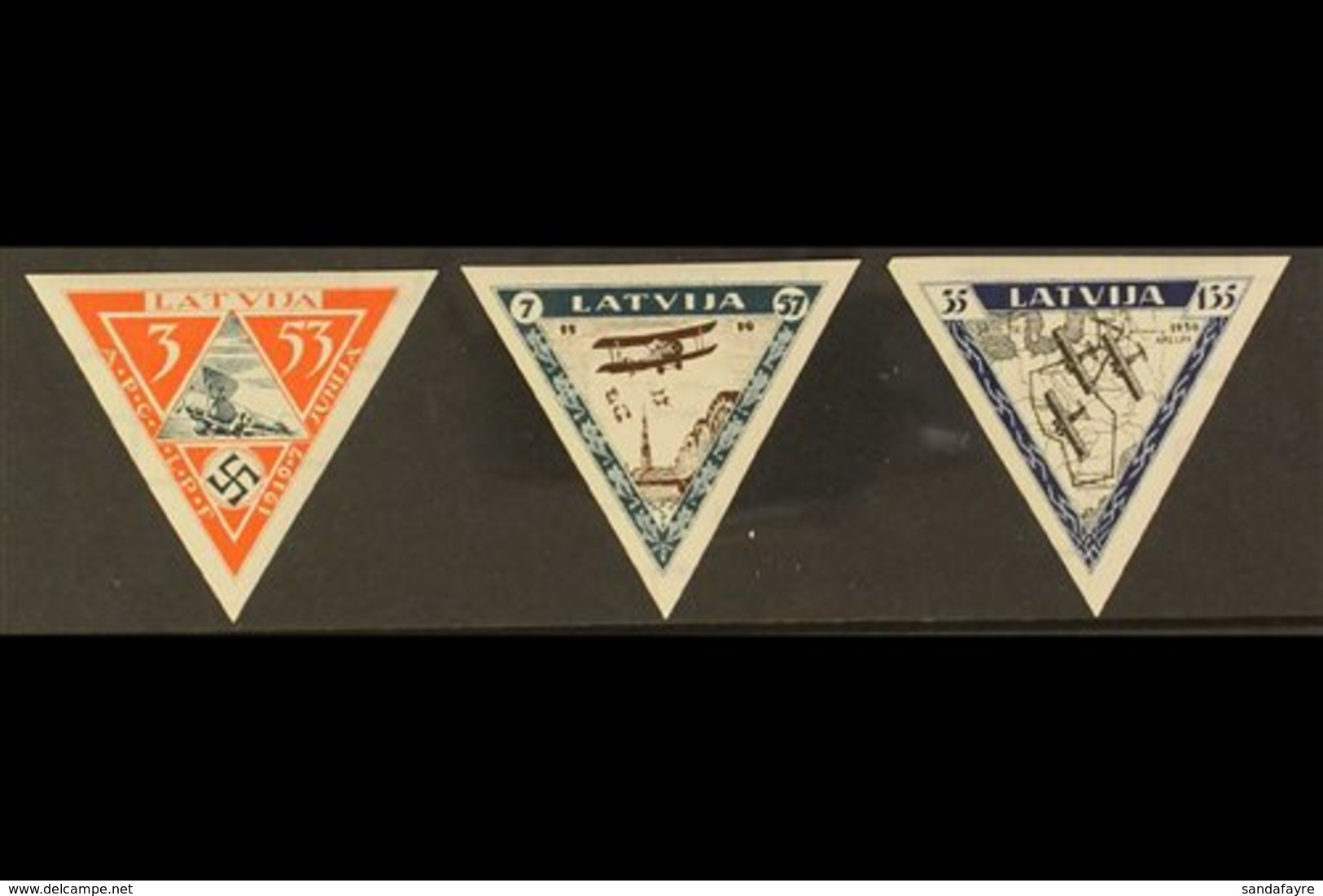 1933 Wounded Latvian Airmen Fund (first Issue), Complete Triangular Imperf Set, SG 240B/242B Or Michel 225B/227B, Never  - Latvia