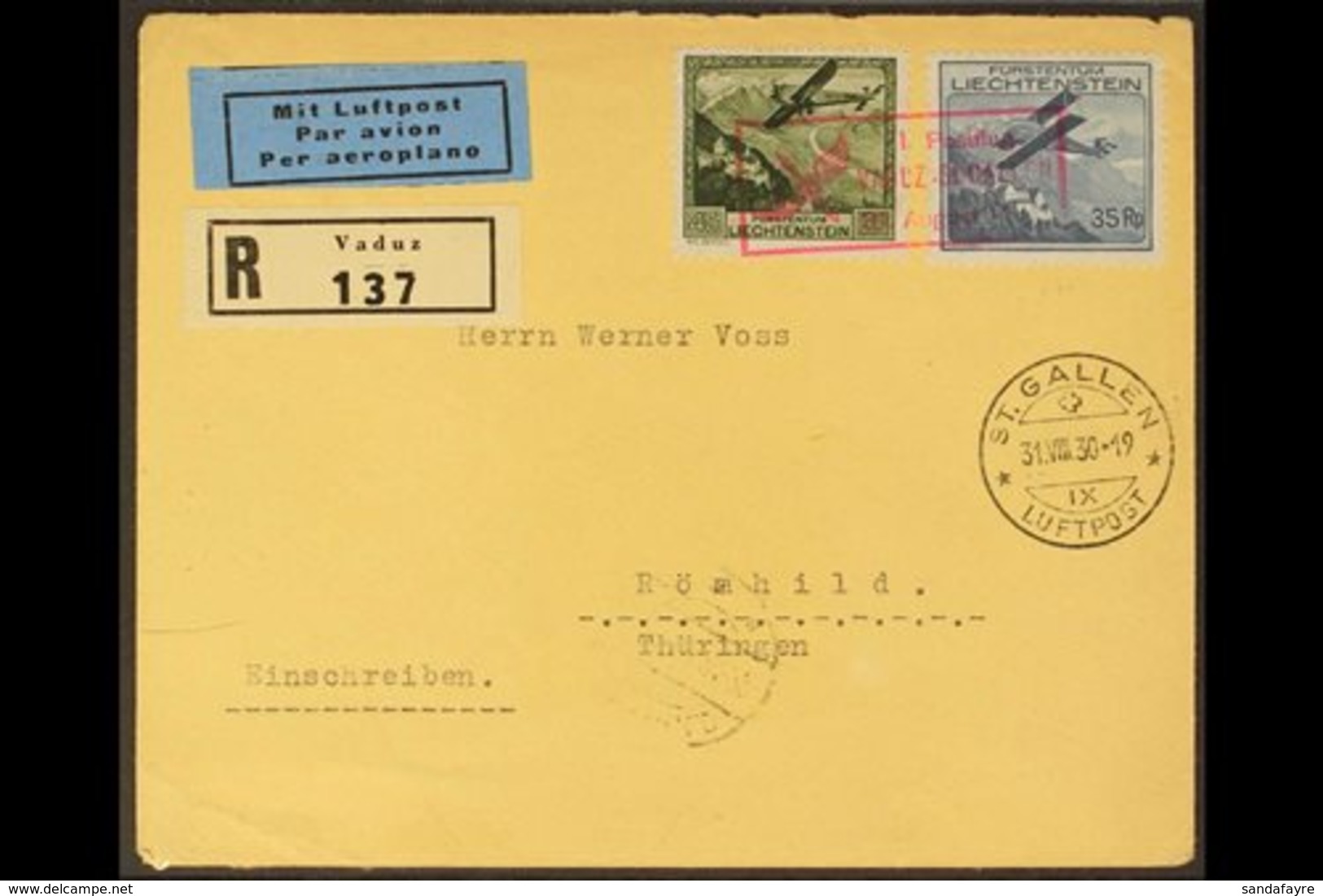 1930 FLIGHT COVER (Aug 31st) Vaduz To St Gallen Cover Bearing 35rp & 45rp (Mi 111/12) Tied By Special Cachet In Red, Vad - Otros & Sin Clasificación