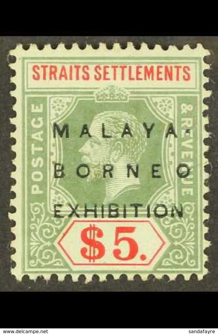 1922 MALAYA BORNEO EXHIBITION VARIETY. $5 Green & Red/blue Green, MCA Wmk, "No Stop" Variety, SG 249f, Fine Mint, Scarce - Straits Settlements