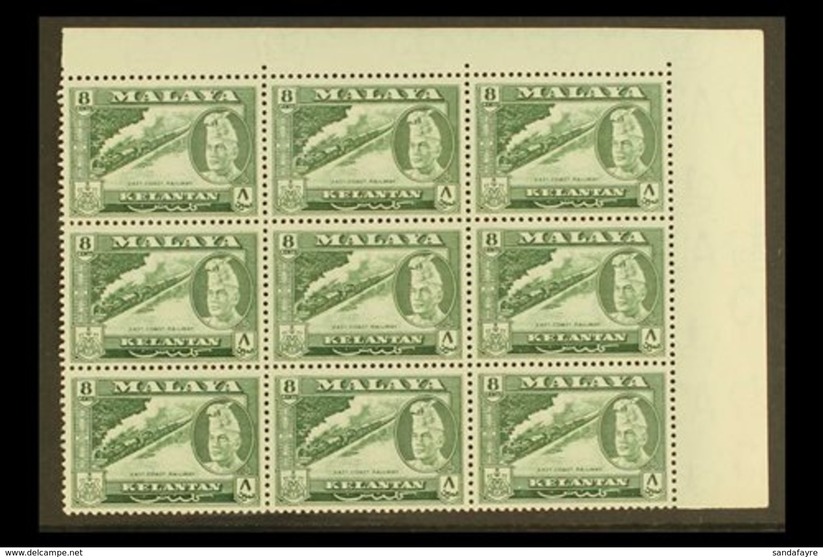 KELANTAN 1961 8c East Coast Railway In Deep Green, SG 100a, Superb NHM Corner Block Of 9. For More Images, Please Visit  - Autres & Non Classés