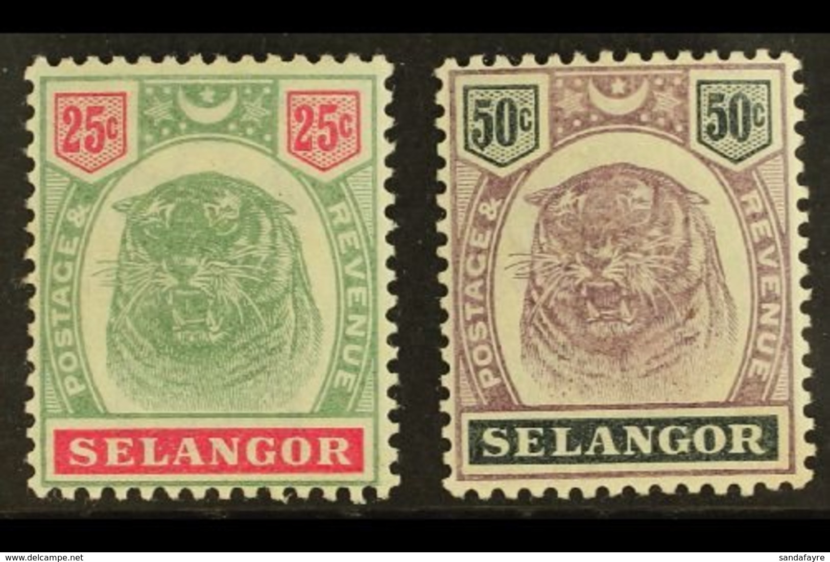 SELANGOR 1895 25c And 50c Dull Purple And Greenish Black "Tigers", SG 58, 59, Very Fine And Fresh Mint. (2 Stamps) For M - Otros & Sin Clasificación