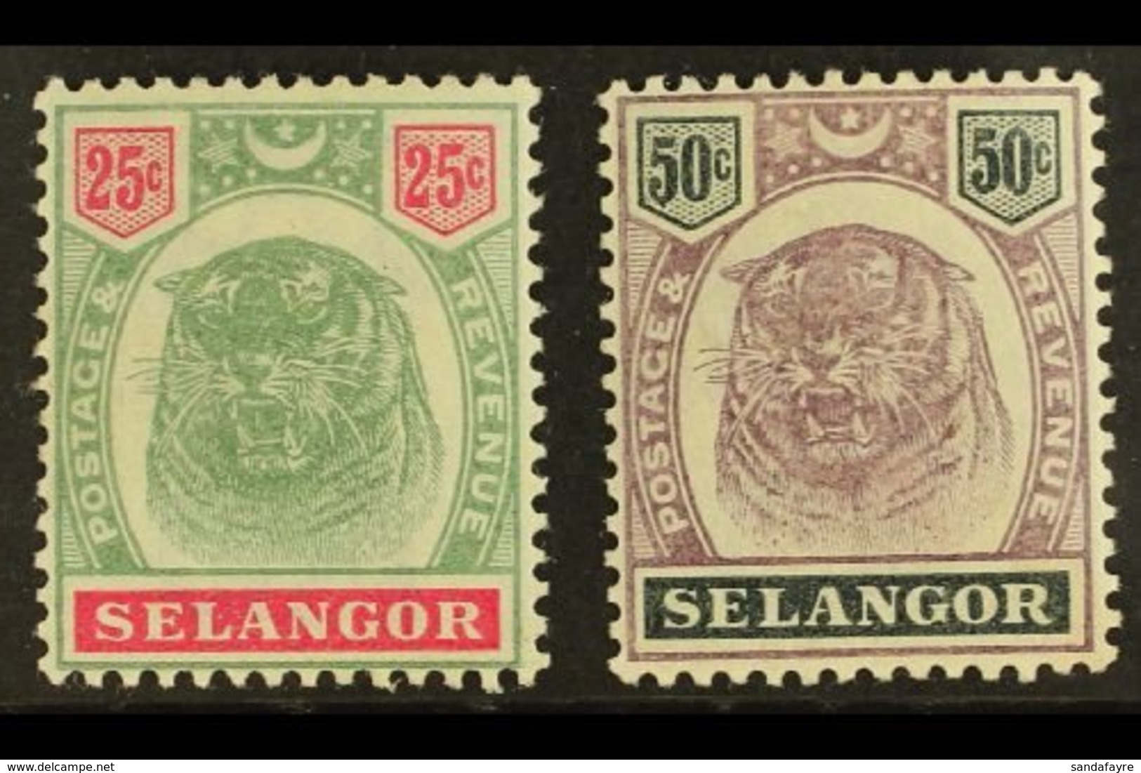 SELANGOR 1895 25c And 50c Dull Purple And Greenish Black "Tigers", SG 58, 59, Very Fine And Fresh Mint. (2 Stamps) For M - Andere & Zonder Classificatie