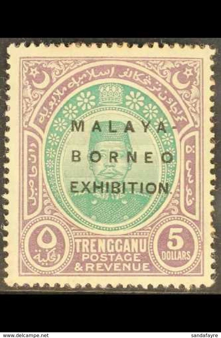 TRENGGANU 1922 MALAYA BORNEO EXHIBITION $5 Green & Dull Purple, SG 58, Mint With Light Traces Of Pink Backing Paper As I - Autres & Non Classés