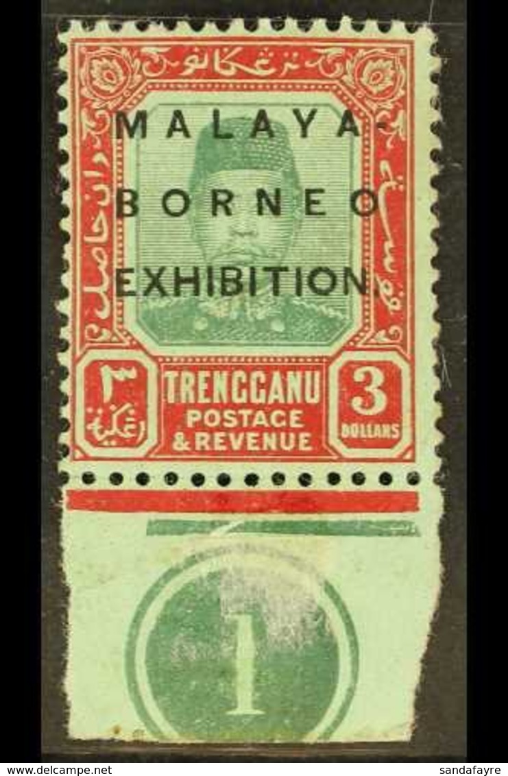 TRENGGANU 1922 MALAYA BORNEO EXHIBITION $3 Green & Red/green Control Single, SG 57, Mint, Light Margin Crease Does Not D - Other & Unclassified