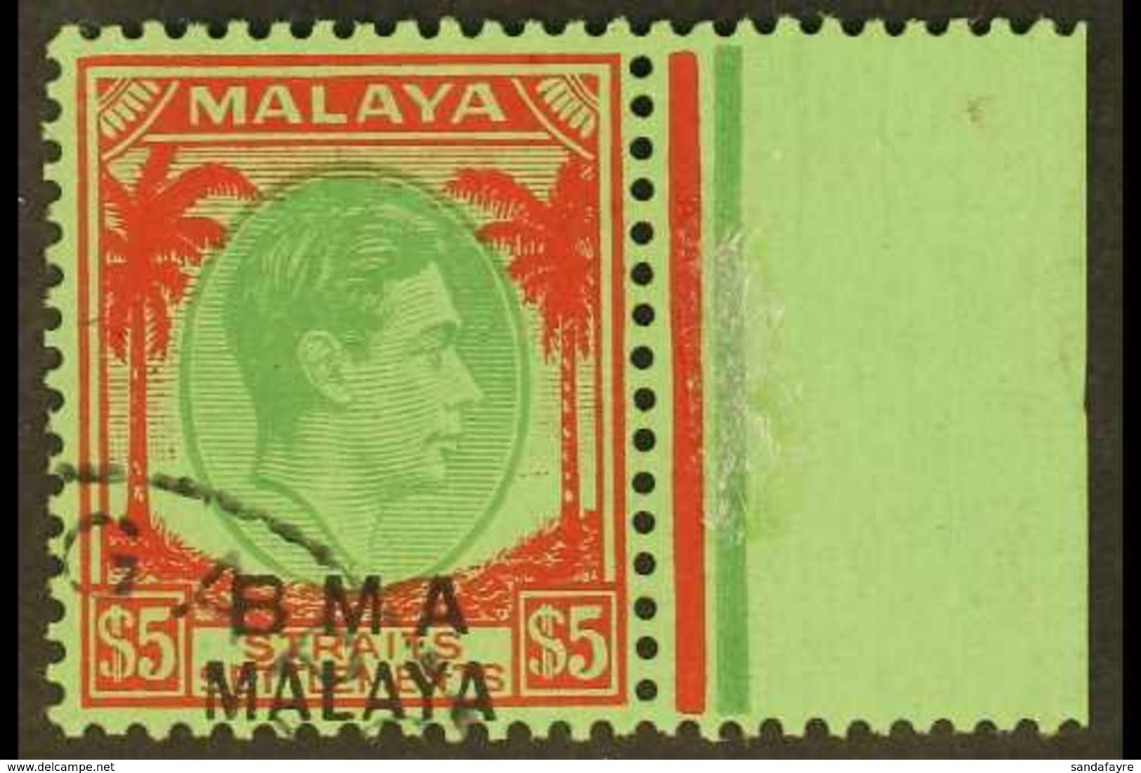 1945 $5 Green And Red On Emerald, SG 17, Very Fine Marginal Used. For More Images, Please Visit Http://www.sandafayre.co - Malaya (British Military Administration)