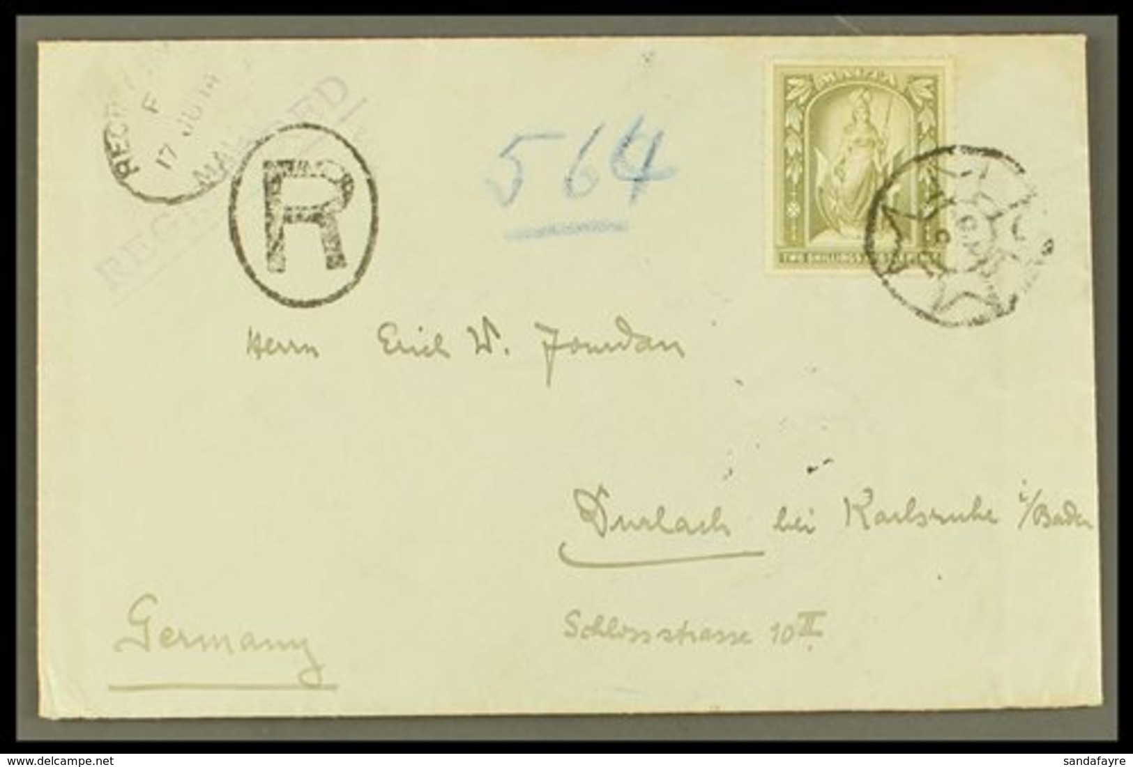 1914 (17 June) Env Registered To Germany Bearing The 2s6d Olive- Grey (SG 34) Tied Maltese Cross Type Circular Handstamp - Malte (...-1964)