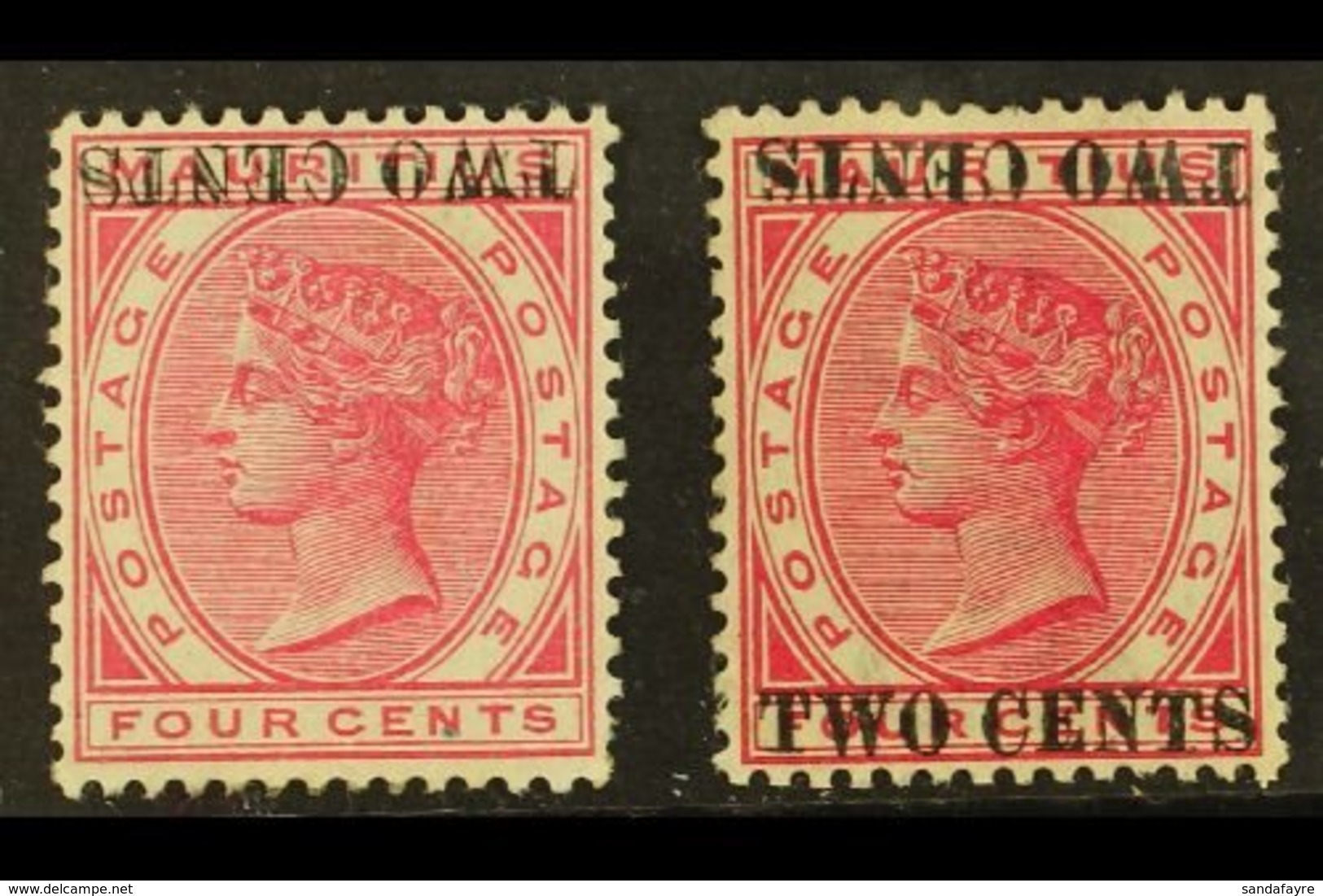 1891 2c On 4c Carmine SURCHARGE INVERTED Variety (one Short Perf), SG 118a, And 2c On 4c Carmine SURCHARGE DOUBLE, ONE I - Maurice (...-1967)