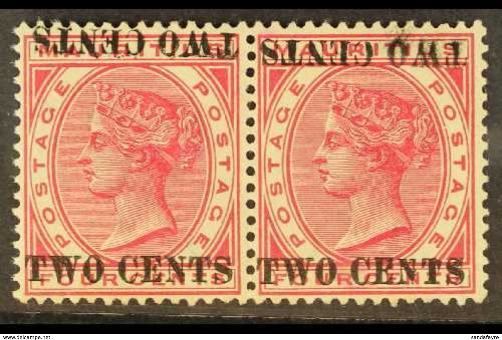 1891 2c On 4c Carmine, Variety "surcharge Double, One Inverted", SG 118c, Superb Mint Pair. For More Images, Please Visi - Mauritius (...-1967)