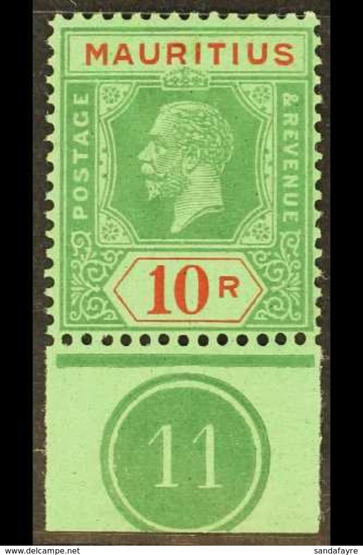 1921 10r Green And Red On Emerald, Wmk Script CA, SG 241, Superb Mint With  Marginal Plate No. For More Images, Please V - Maurice (...-1967)