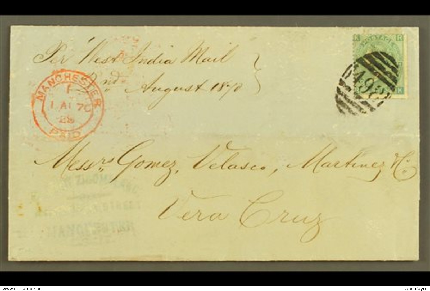 1870 (1 Aug) LS From Manchester, England To Vera Cruz Bearing GB 1s Green (SG117) Tied "498" Pmk, Various British Transi - Mexique