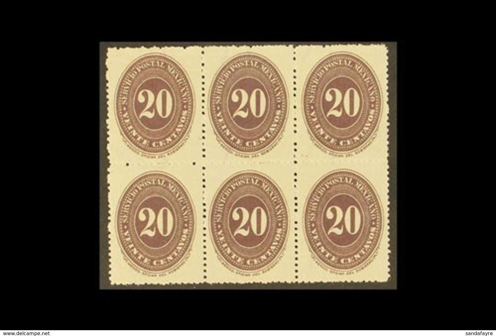 1890-95 20c Dark Violet On Watermarked Wove Paper, Perf 12, Scott 220A (see Note After SG 174), Never Hinged Mint BLOCK  - Mexiko