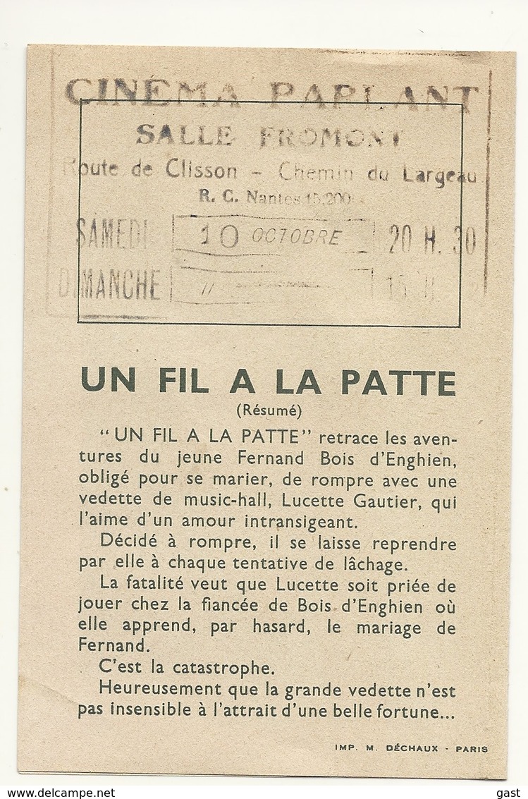 44 ST SEBASTIEN S LOIRE IMAGE FILM   UN FIL A LA PATTE   CINEMA PARLANT SALLE FROMONT RTE CLISSON CHEMIN DU  LARGEAU - Publicité Cinématographique