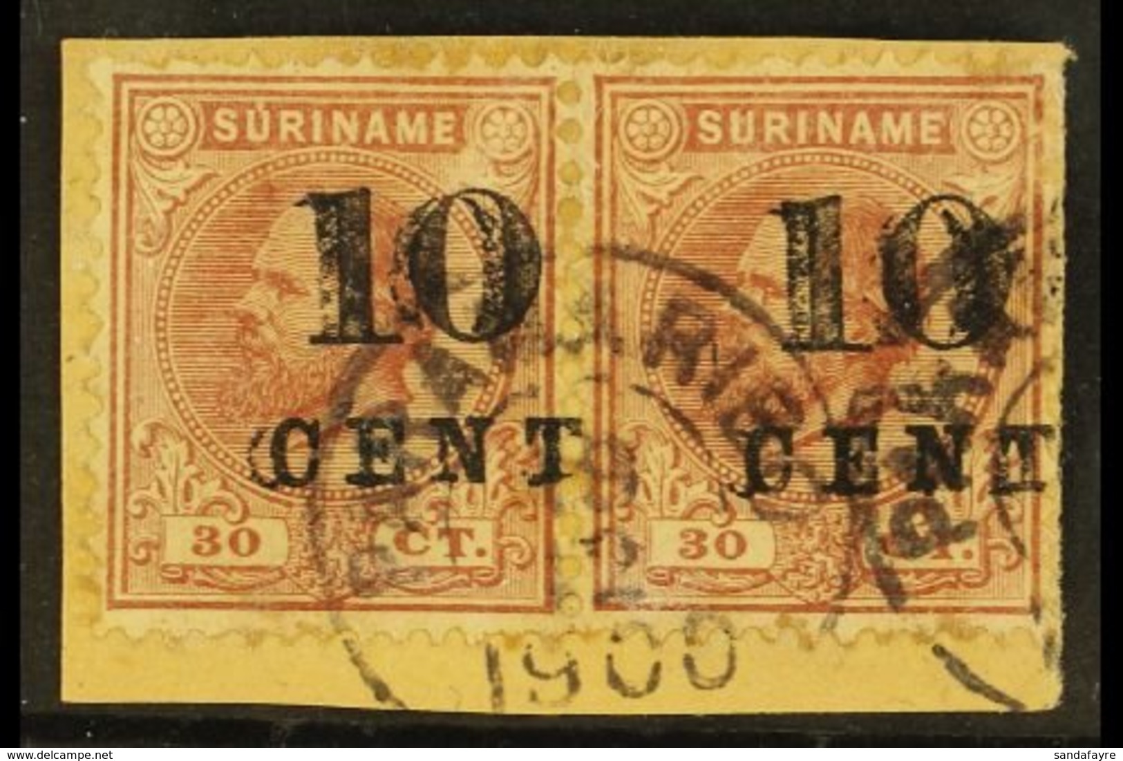 SURINAM 1898 10c On 30cent Lilac Brown, Horizontal Pair, Variety "double Overprint", NVPH 33fa, Fine Used On Piece. For  - Andere & Zonder Classificatie