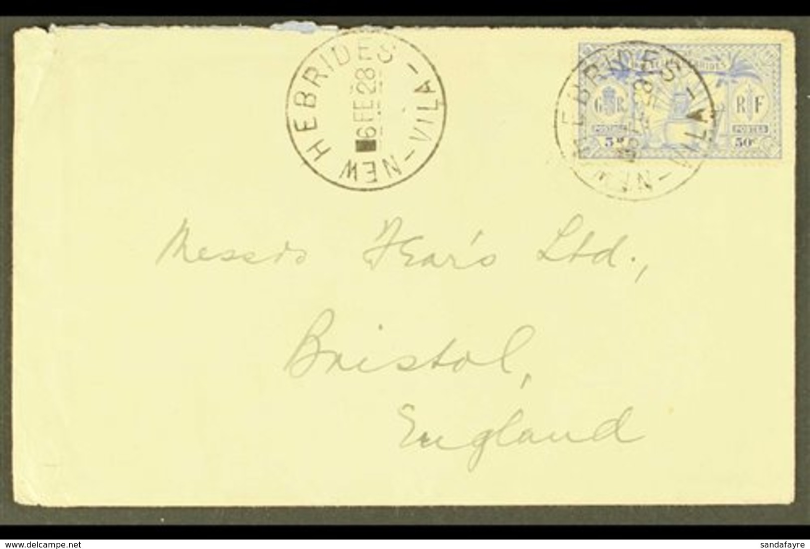 ENGLISH 1928 (Feb) Neat Commercial Cover To England, Bearing 1925 5d Ultramarine Tied By Crisp "NEW HEBRIDES VILA" Cds.  - Autres & Non Classés