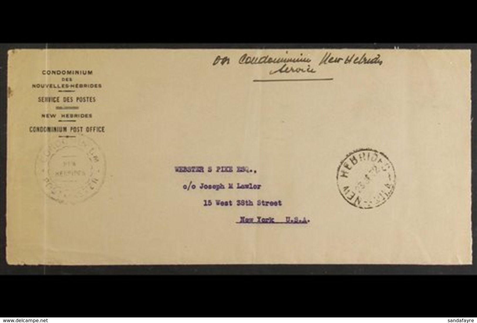 ENGLISH 1932 (June) Printed "CONDOMINIUM DES NOUVELLES-HEBRIDES/SERVICE DES POSTES" Bilingual Envelope, Endorsed At Top  - Andere & Zonder Classificatie