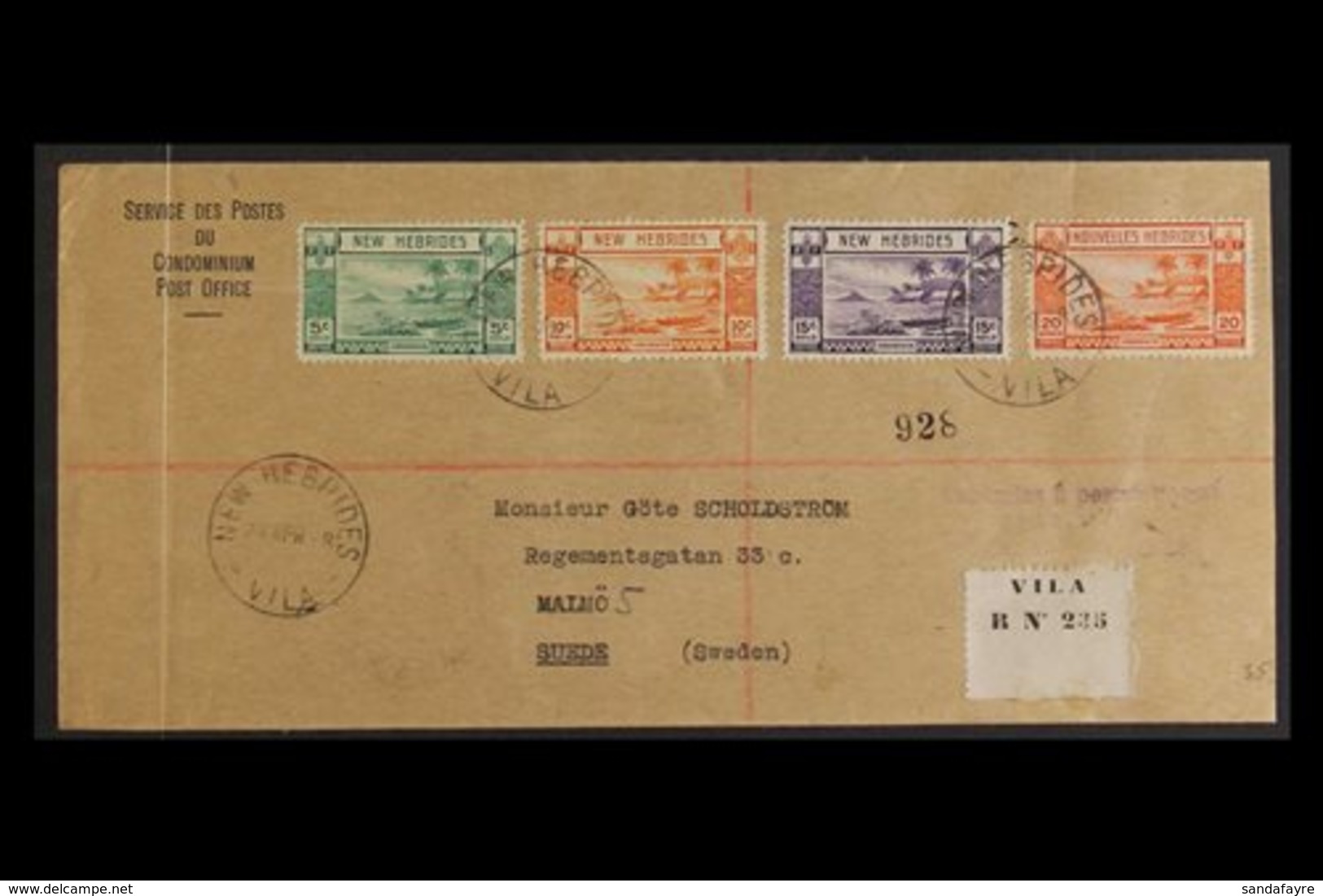 ENGLISH 1948 (April) Printed "Service Des Postes" Envelope Registered  To Sweden, Bearing 5c To 20c Tied "New Hebrides V - Andere & Zonder Classificatie