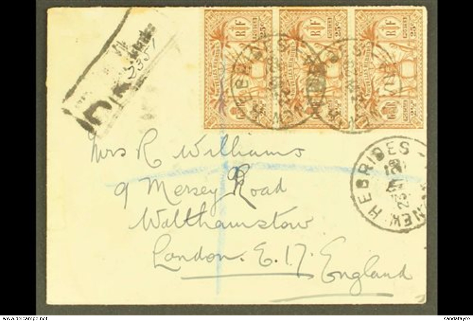 FRENCH 1929 (May) Commercial Envelope Registered To London, Bearing 1925 25c X6, Tied New Hebrides Vila Cds's, Handstamp - Otros & Sin Clasificación