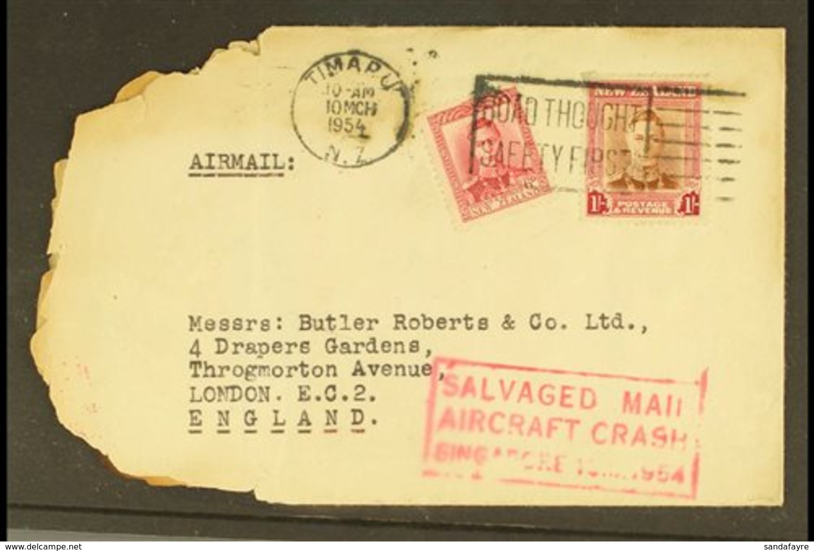 1954 AIR CRASH COVER 1954 (13 March) Cover From Timaru To London Bearing KGVI 6d Plus 1s Tied By "ROAD THOUGHT / SAFETY  - Autres & Non Classés