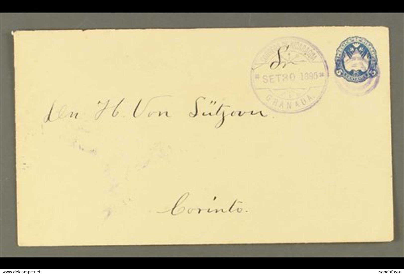 POSTAL STATIONERY 1895 5c Blue Envelope, H&G 29, Very Fine Commercially Used With "Granada / 30 SEP 1895" Duplex Cancel, - Nicaragua