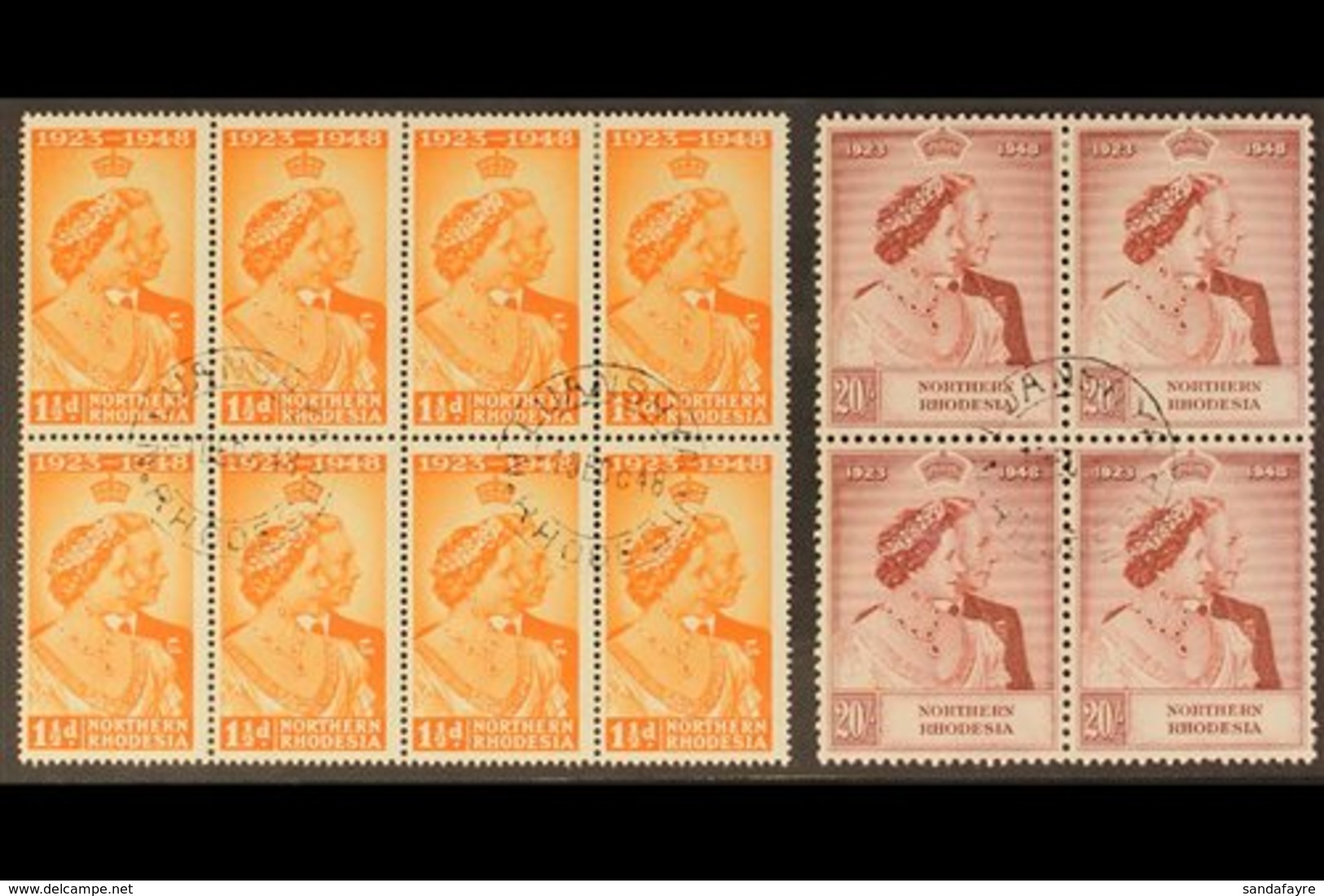 1948 Royal Silver Wedding Set, 20s In A BLOCK OF FOUR, 1½d In A Block Of 8, SG 48/9, Superb Used With LUANSHYA First Day - Noord-Rhodesië (...-1963)