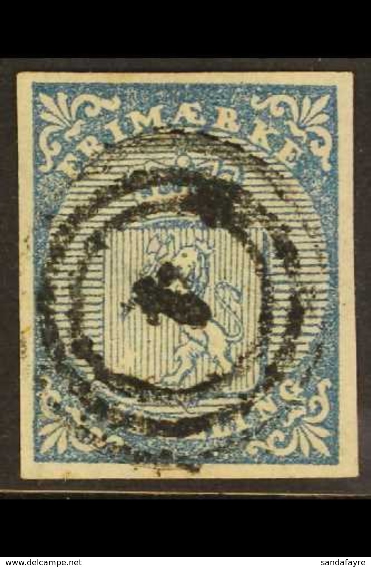 1855 4sk Blue Imperf, SG 1, Facit 1, Four Wide Margins, Very Fine Used With Complete Number 4 "Aamot" Numeral Target Can - Andere & Zonder Classificatie