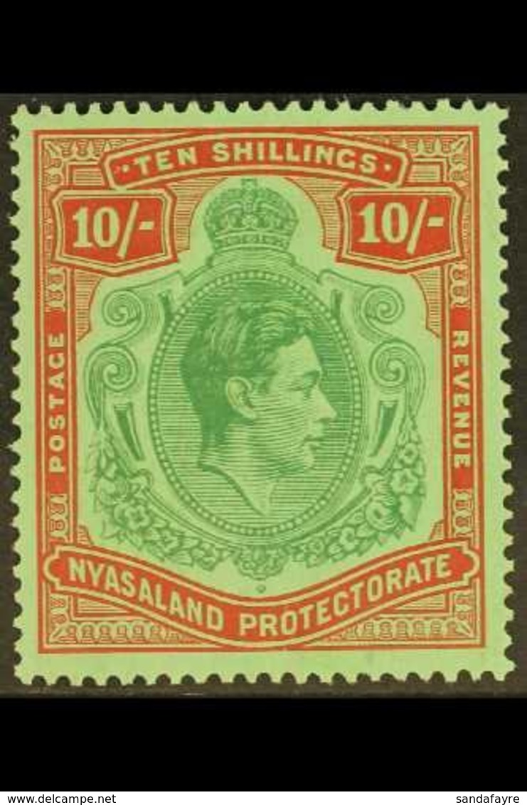 1938-44 10s Bluish Green & Brown-red On Pale Green, Ordinary Paper, SG 142a, Very Fine Mint. For More Images, Please Vis - Nyassaland (1907-1953)