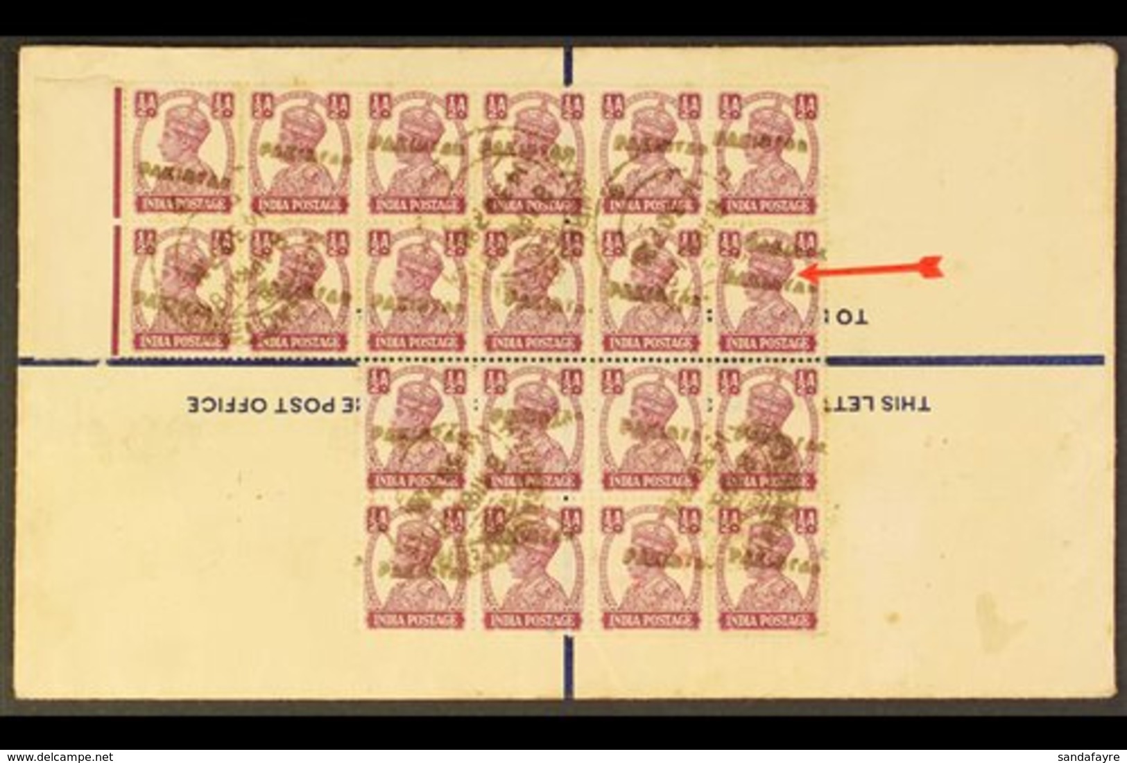 1948 (8 Apr) 4½a Registered Stationery Env Bearing A Spectacular Franking Of Twenty ½a Stamps Each With "PAKISTAN" Hands - Pakistán