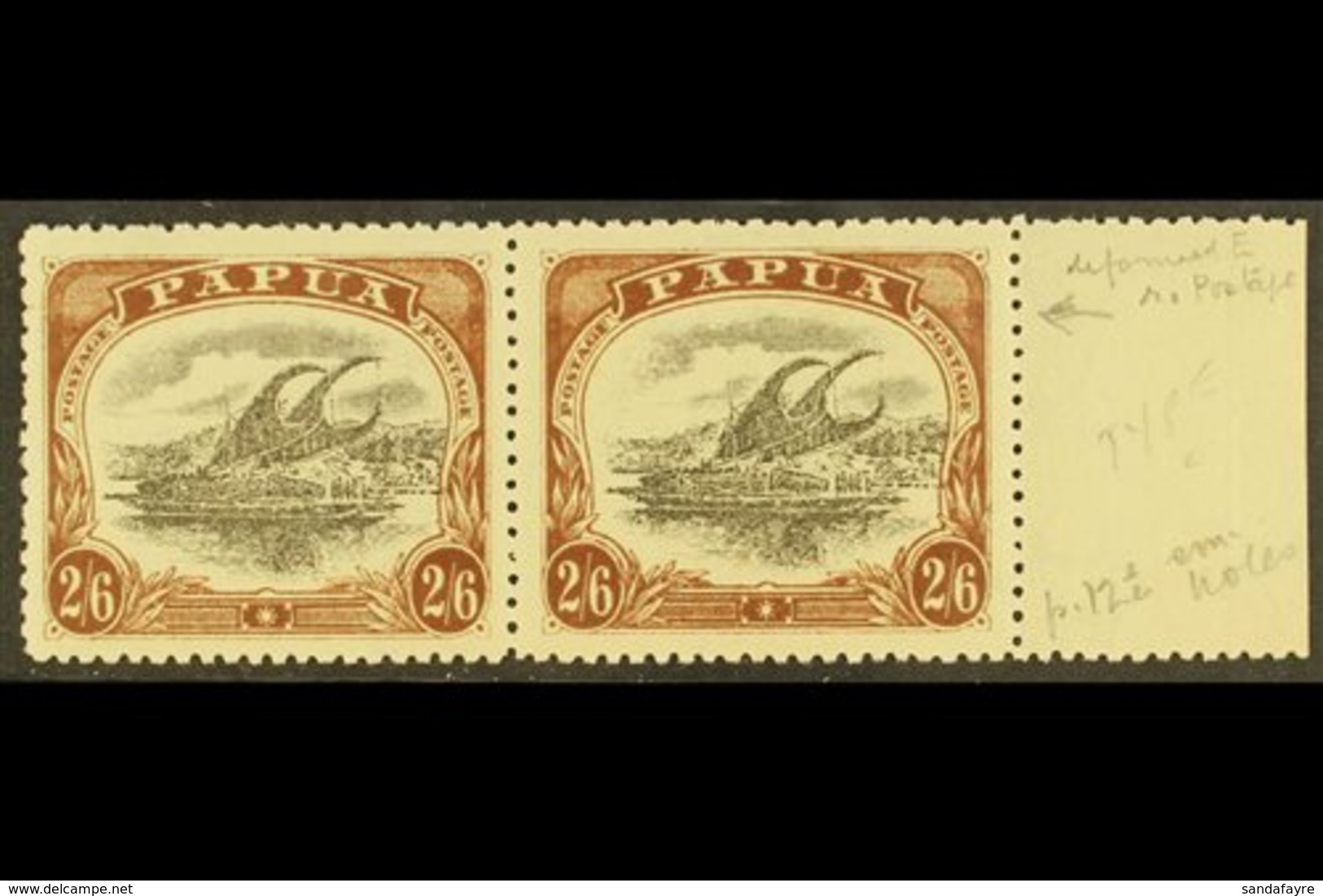 1910-11 2s6d Black & Brown Lakatoi Type C, SG 83, Fine Mint Marginal Pair, One Stamp With DEFORMED "E" AT LEFT Variety ( - Papoea-Nieuw-Guinea