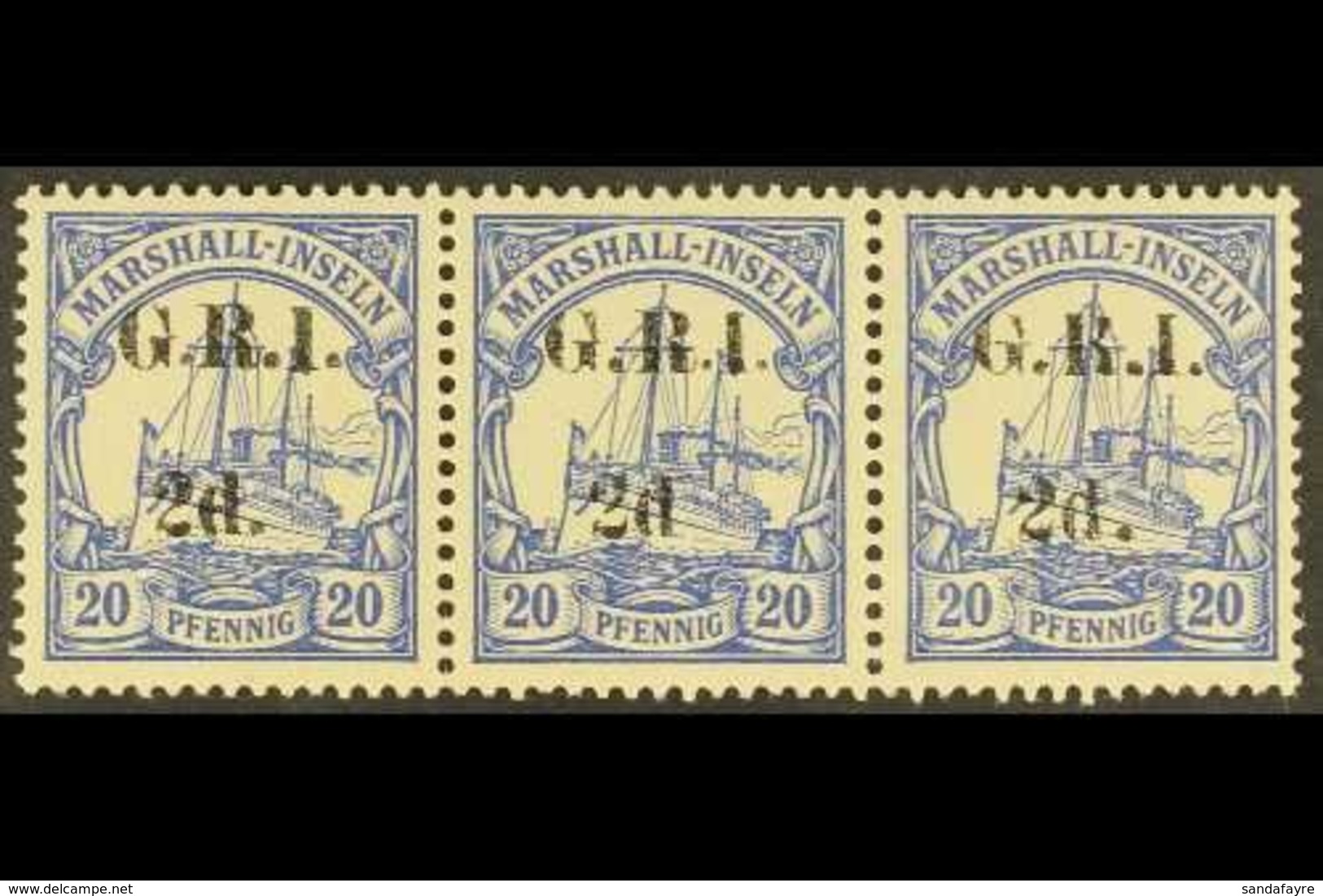 1914 2d On 20pf Ultramarine, Horiz Strip Of 3 One Showing The Variety "no Stop After D", SG 53, 53e, Very Fine Mint. For - Papoea-Nieuw-Guinea