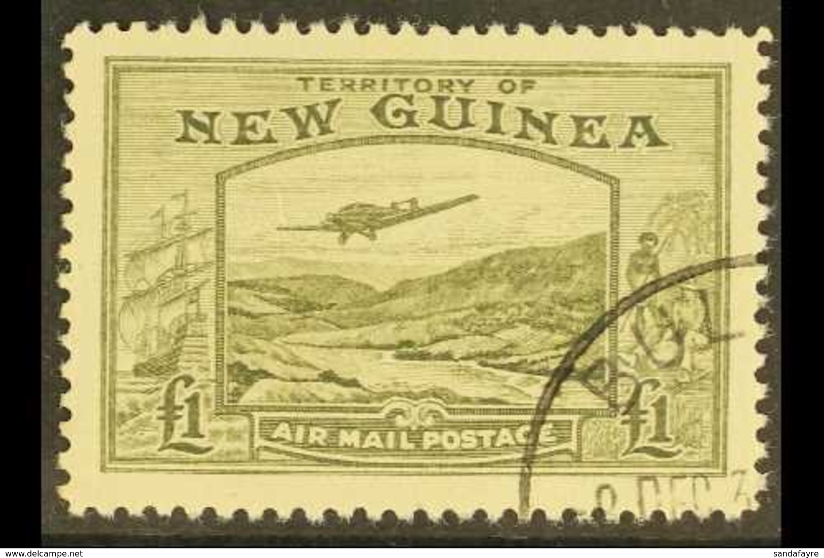 1939 £1 Olive Green Bulolo Goldfields, Airmail, SG 225, Superb Used. For More Images, Please Visit Http://www.sandafayre - Papúa Nueva Guinea