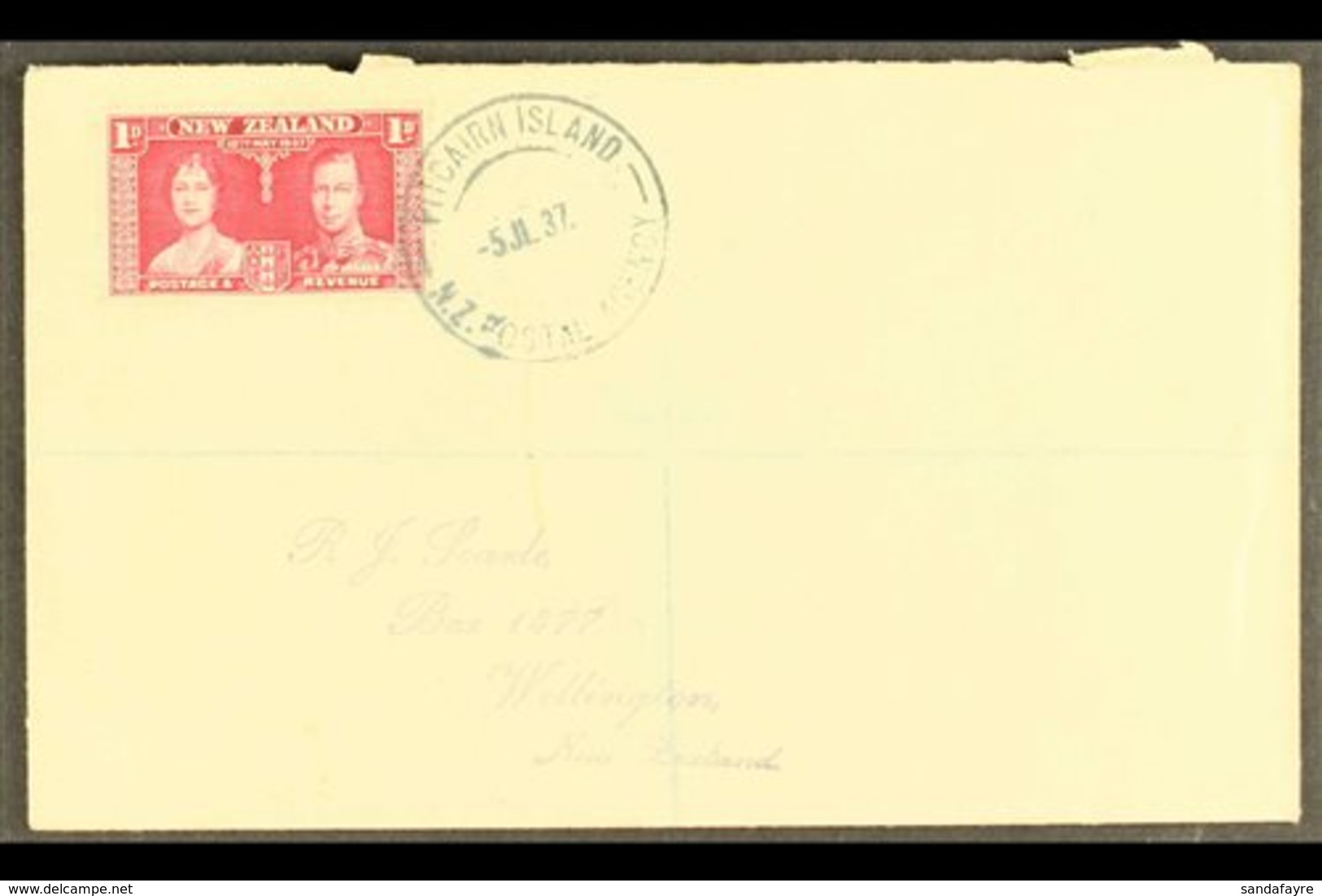 1937 1d Coronation On Cover To New Zealand Tied By "PITCAIRN ISLAND / N.Z. POSTAL AGENCY" Cds Of 5 JL, 37, SG Z54. For M - Pitcairninsel