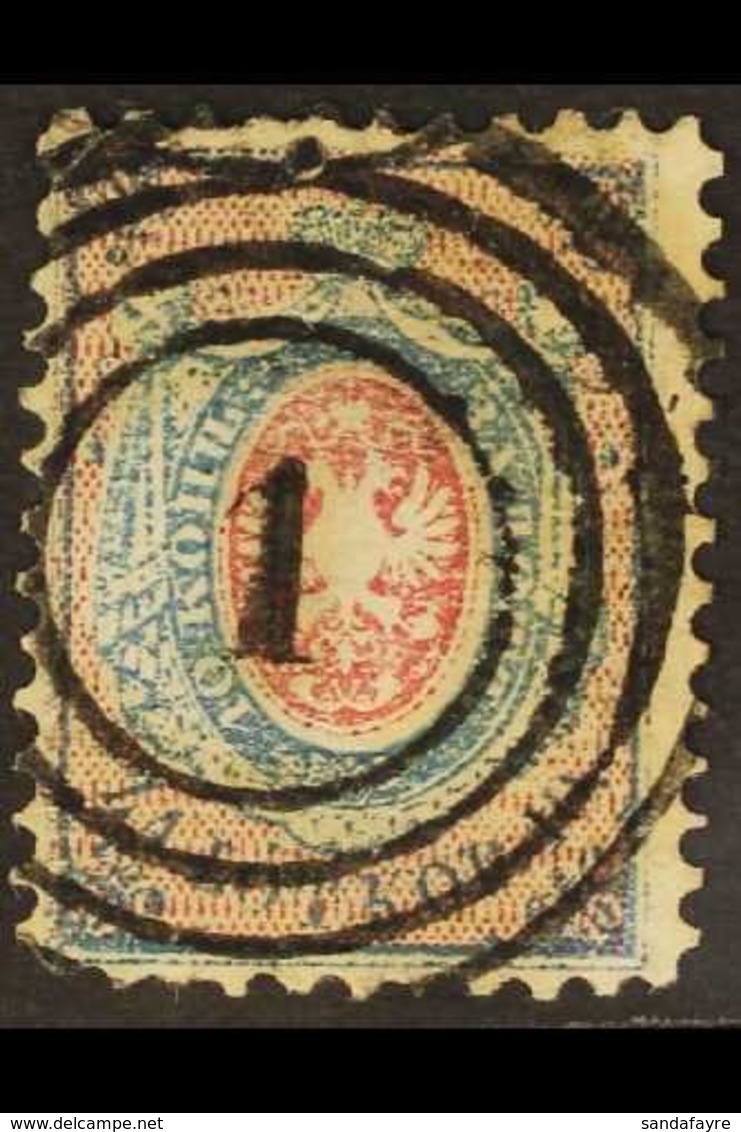 1860 10k Blue & Rose, Mi 1a, SG 1a, Used With Clear Strike Of "1" In Target, Couple Of Blunt Perfs At Base, Cancellation - Andere & Zonder Classificatie