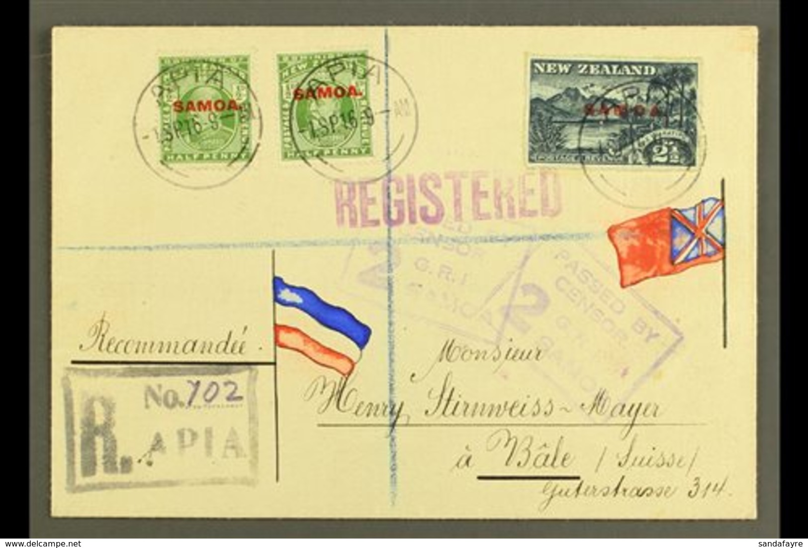 1916 Registered Cover To Switzerland, Franked ½d X2 & 2½d, SG 115, 118, Apia 01.09.16 Postmarks, Censor "2" Cachets Appl - Samoa