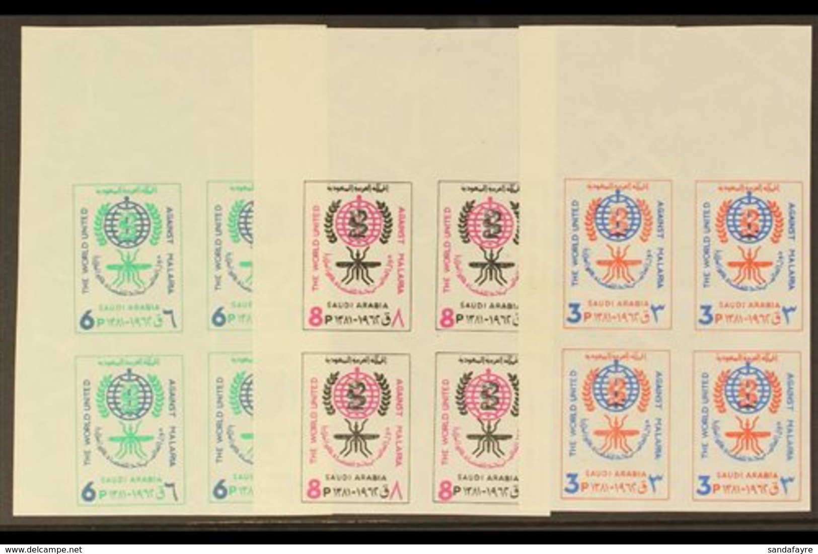 1962 Malaria Eradication Set Complete, As SG 452/4, Variety "IMPERFORATE" In Never Hinged Mint Corner Blocks Of 4. (Mayo - Saudi-Arabien