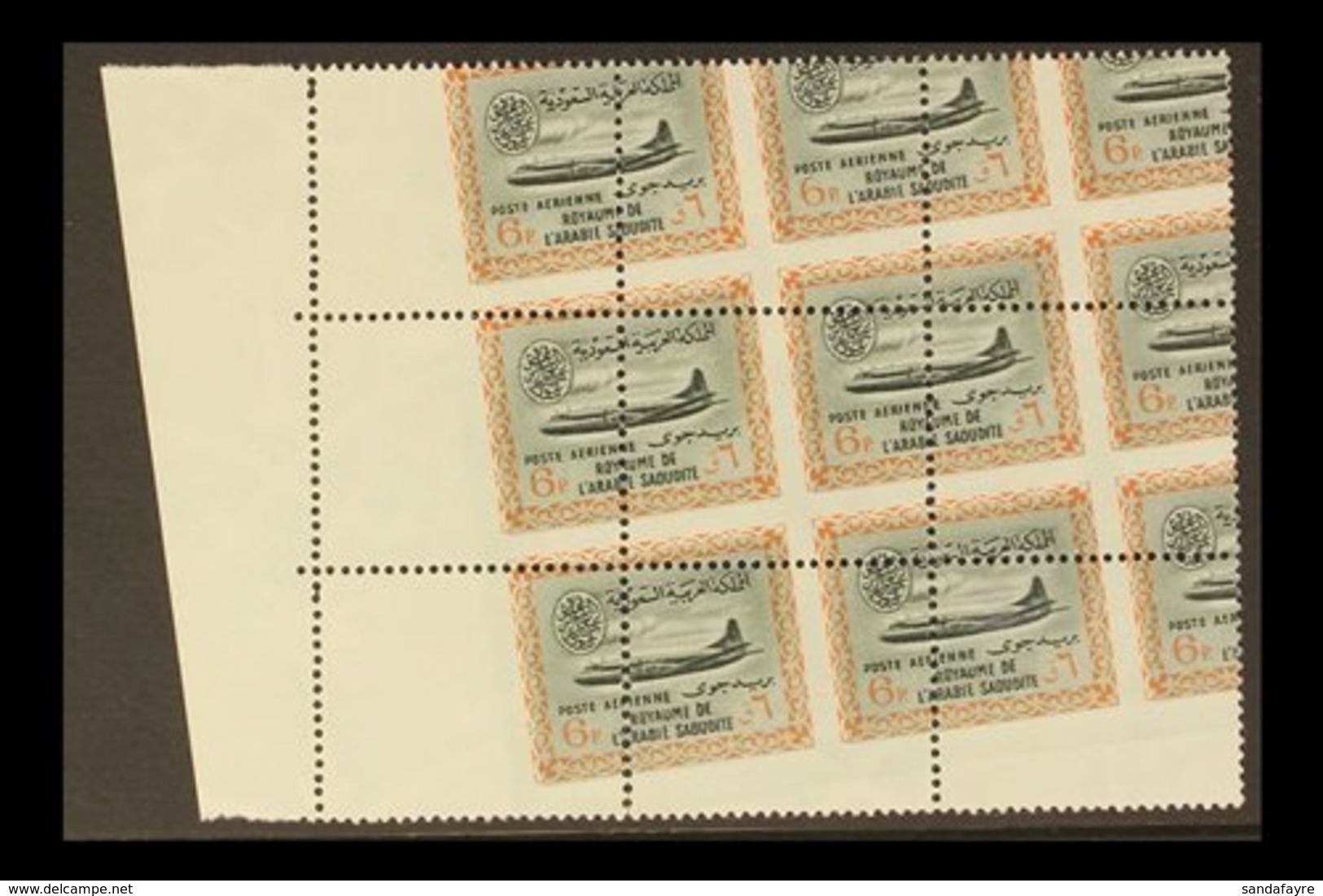 1963 - 5 6p Airmail, Vickers Viscount, SG 484, Marginal Mint Block Of 9 Showing A Massive Diagonal Perf Shift. Spectacul - Arabia Saudita