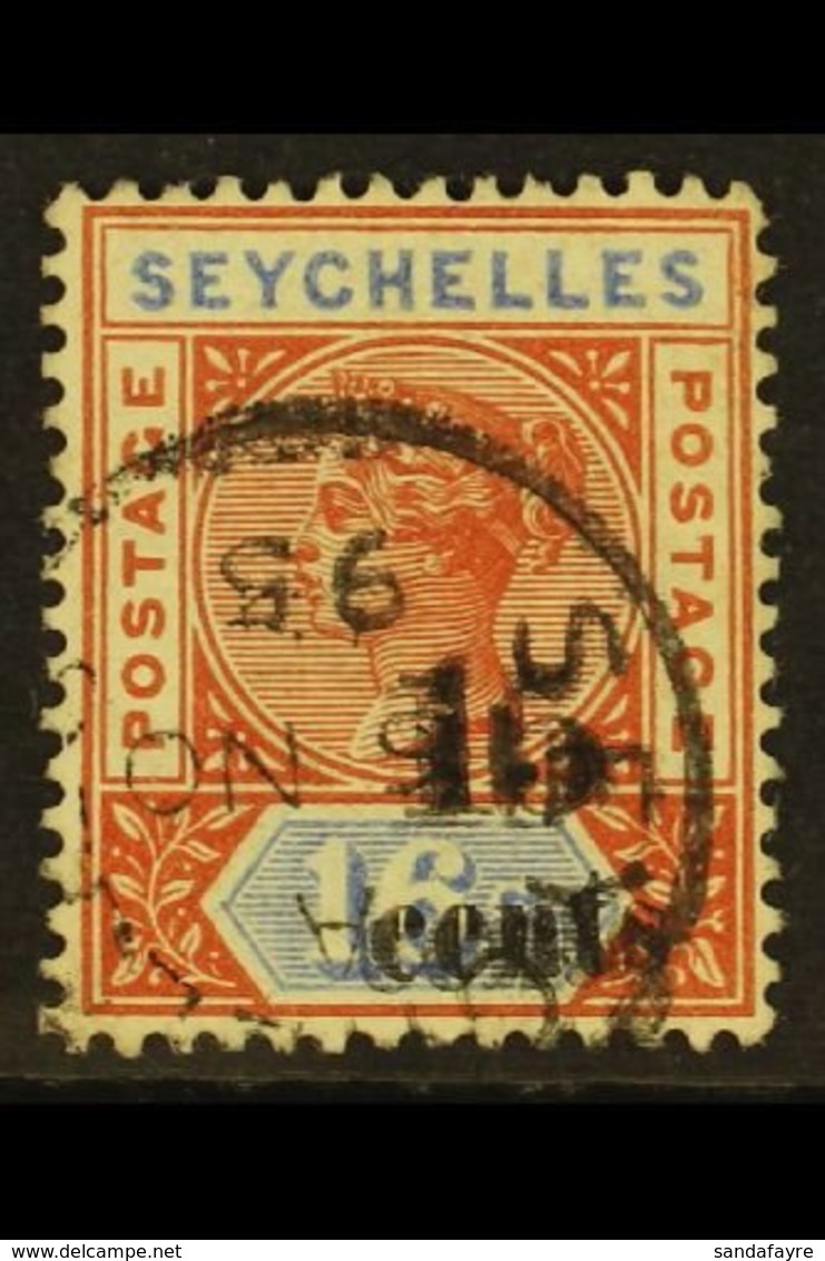 1893 15c On 16c (Die II), Surcharge Double, SG 19b, Fine Cds Used.  For More Images, Please Visit Http://www.sandafayre. - Seychellen (...-1976)