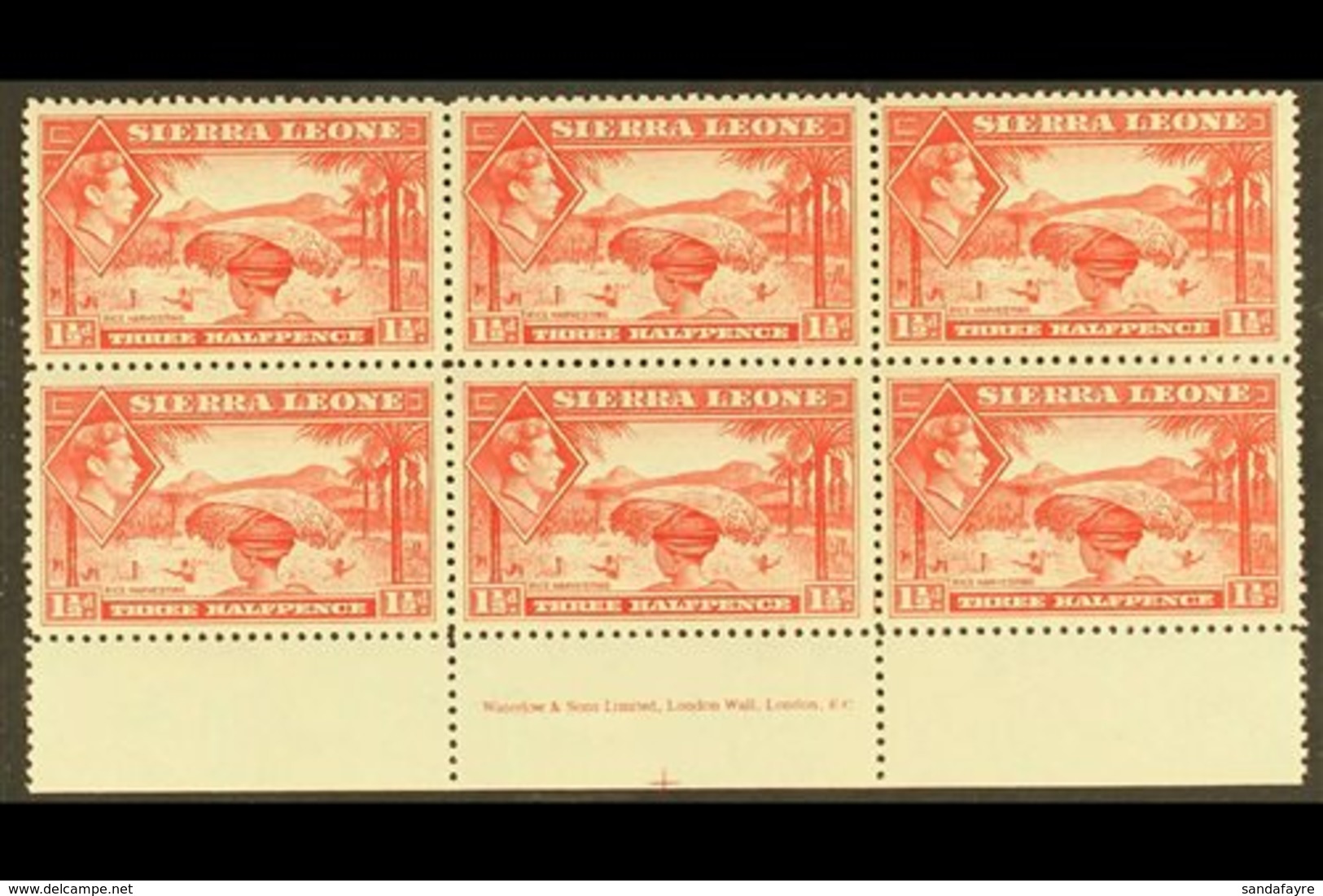 1938-44 1½d Scarlet Pictorial, SG 190, Never Hinged Mint Lower Marginal IMPRINT BLOCK Of 6 With Complete 'Waterlow & Son - Sierra Leona (...-1960)