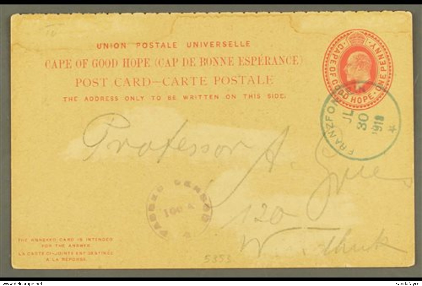 1918 (30 Jul) 1d KEVII Cape Postal Card To Windhuk Cancelled By Very Fine "FRANZFONTEIN" Rubber Cds Postmark In Greenish - South West Africa (1923-1990)