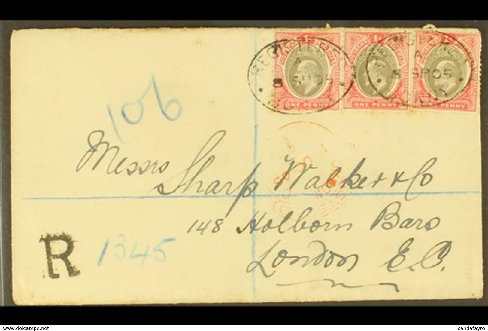 1905 (Sept 8th) Registered Cover To London bearing 1d X3 Tied By BONNY Oval Cancels, London "Hooded" Circle In Red. Some - Nigeria (...-1960)
