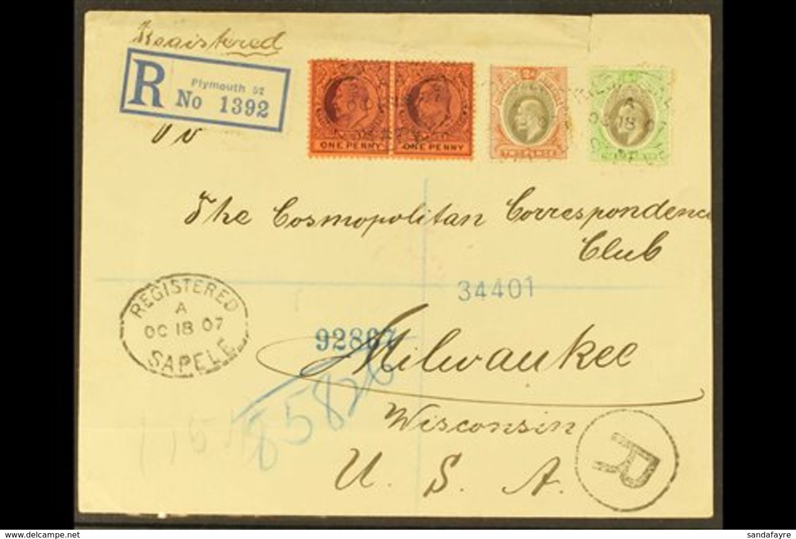 1907 (Oct 18th) Registered Cover To Wisconsin USA, Bearing ½d And 2d Plus Lagos 1d Pair Tied By SAPELE Oval Cancels, Ply - Nigeria (...-1960)