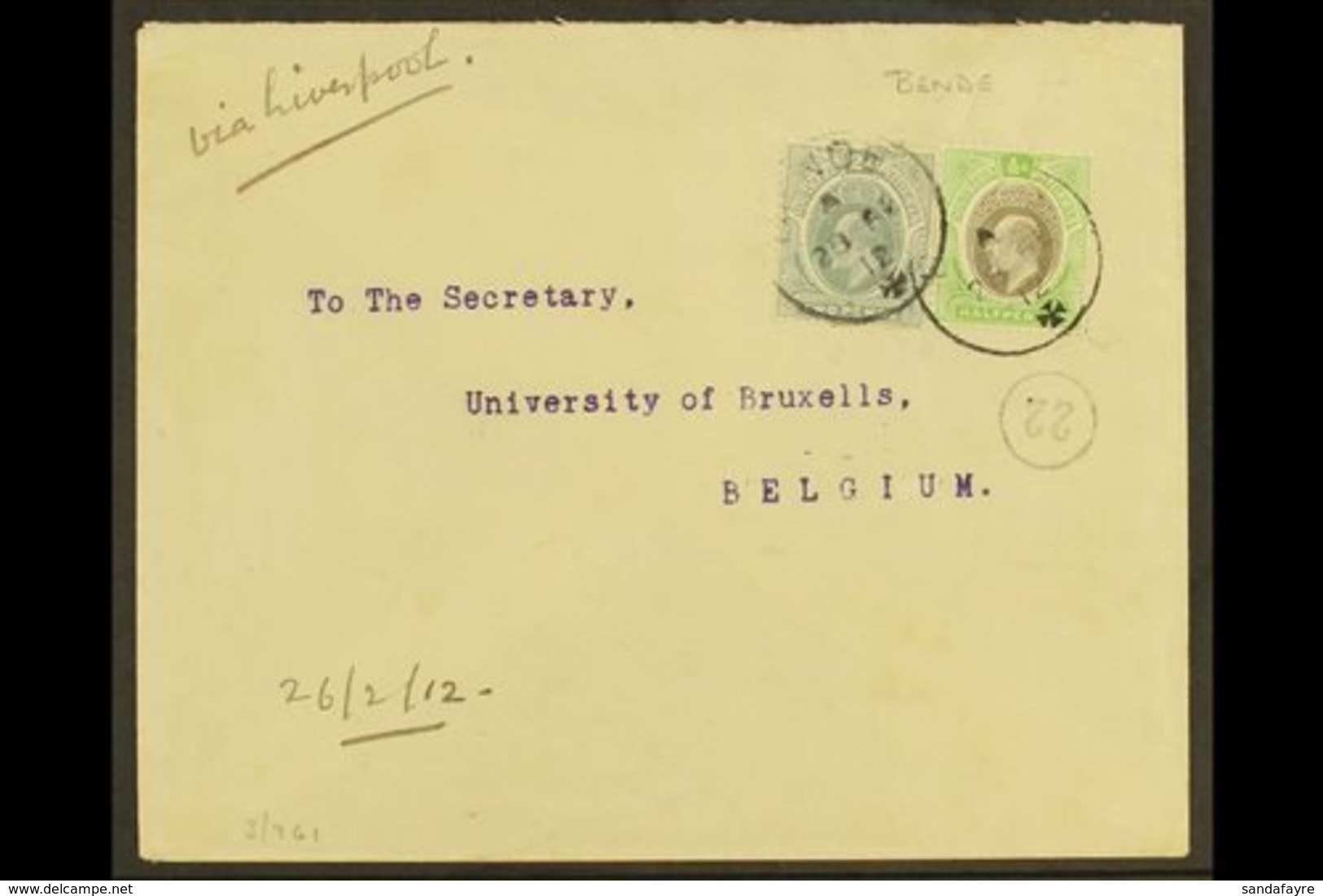 1912 Cover To Brussels, Franked Ed VII ½d Green And Black And 2d Slate Tied By "Bende X" Cds Cancels With Calabar Transi - Nigeria (...-1960)