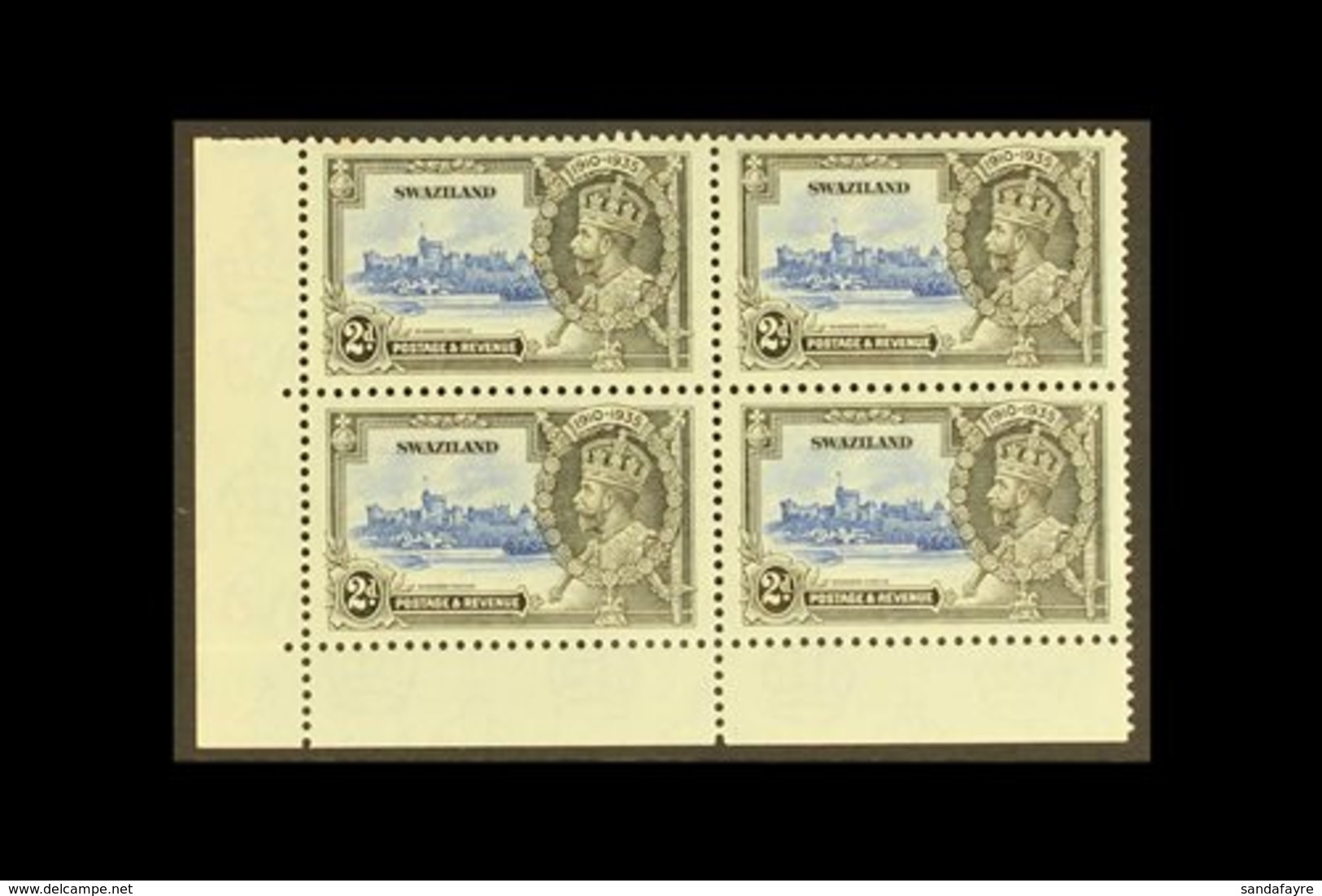 1935 2d Ultramarine And Grey Black Jubilee, Variety "Extra Flagstaff", SG 22a, In A Mint Corner Block Of 4 With Normals. - Swasiland (...-1967)