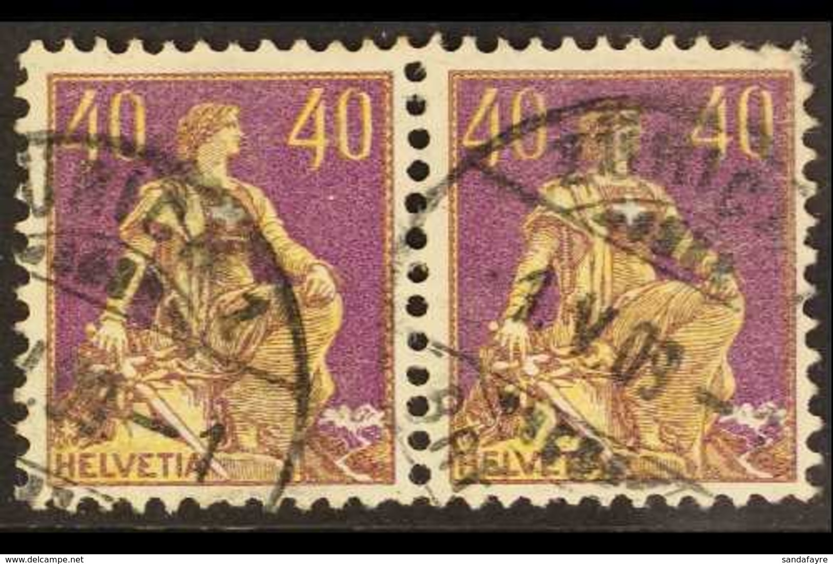 1908 40c Orange-yellow And Purple "Sitting Helvetia" (type I) With Designers Name In Full On Rock, SG 231 Or Michel 101x - Otros & Sin Clasificación