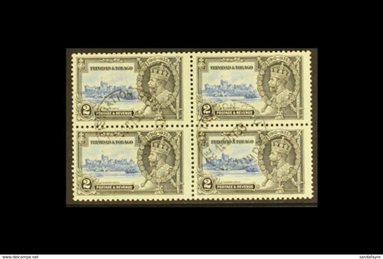 1935 2c Ultramarine And Grey Black Jubilee, Variety "Extra Flagstaff", SG 239a, In A Used Block Of 4 With Normals. For M - Trinidad Y Tobago