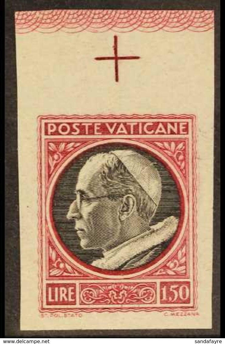 1945 1L50  Black & Red "Pope Pius XII" IMPERF MARGINAL VARIETY, Sass 95b, Never Hinged Mint For More Images, Please Visi - Other & Unclassified