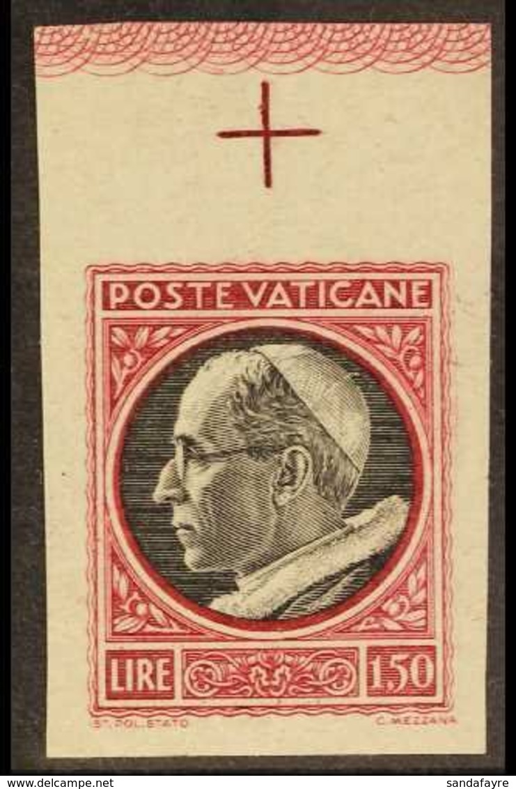 1945 1L50  Black & Red "Pope Pius XII" IMPERF MARGINAL VARIETY, Sass 95b, Never Hinged Mint For More Images, Please Visi - Andere & Zonder Classificatie
