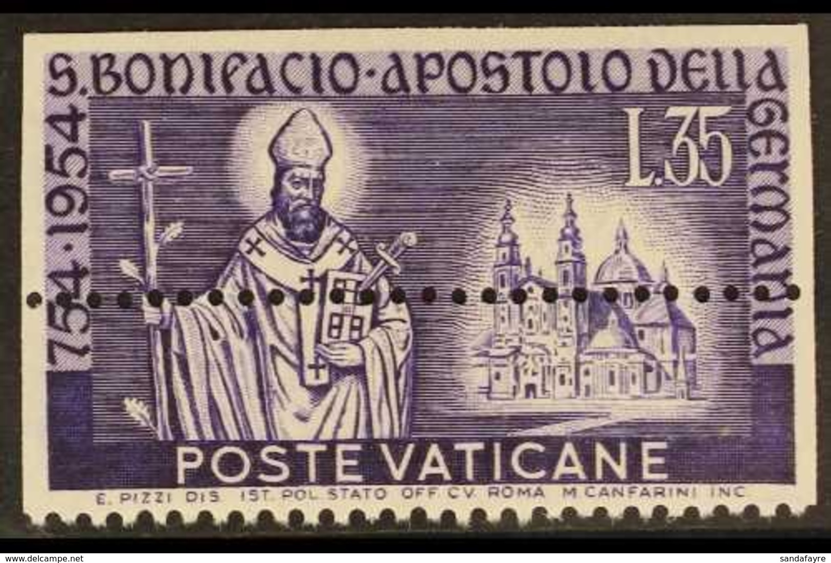 1955 35L Violet "St Boniface" IMPERF To THREE SIDES & MIS-PERFORATED Through Centre Variety, Sass 193ca, Fine Mint For M - Andere & Zonder Classificatie