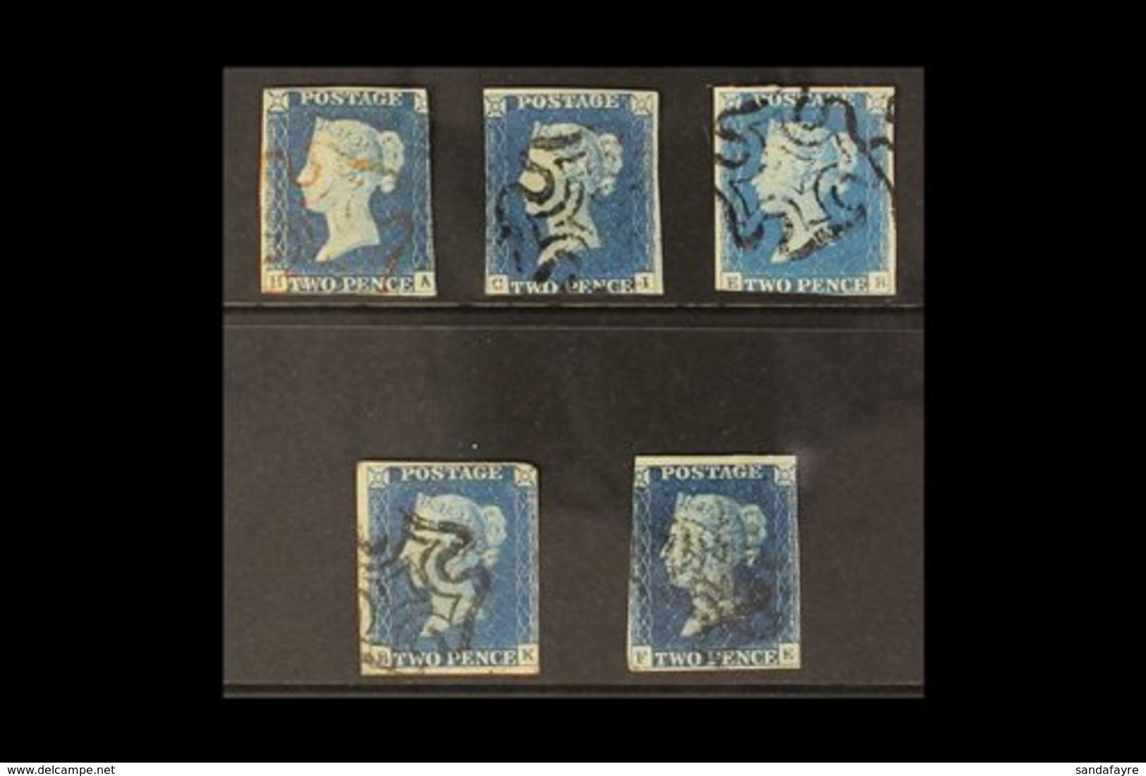 1840 2d Blues Group - Plate 1, Three Examples (letters H A, C I, E B), One With Red MX Cancel, Others With Black MX Canc - Other & Unclassified